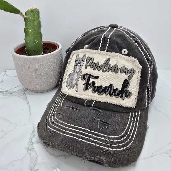 boho Pardon My French embroidered gray canvas adjustable baseball hat - Picture 1 of 8